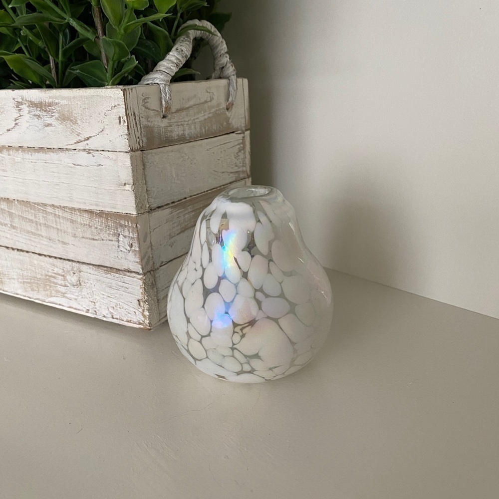 Blown Art Deco Small Glass Bud Vase Iridescent Pearl White and Clear